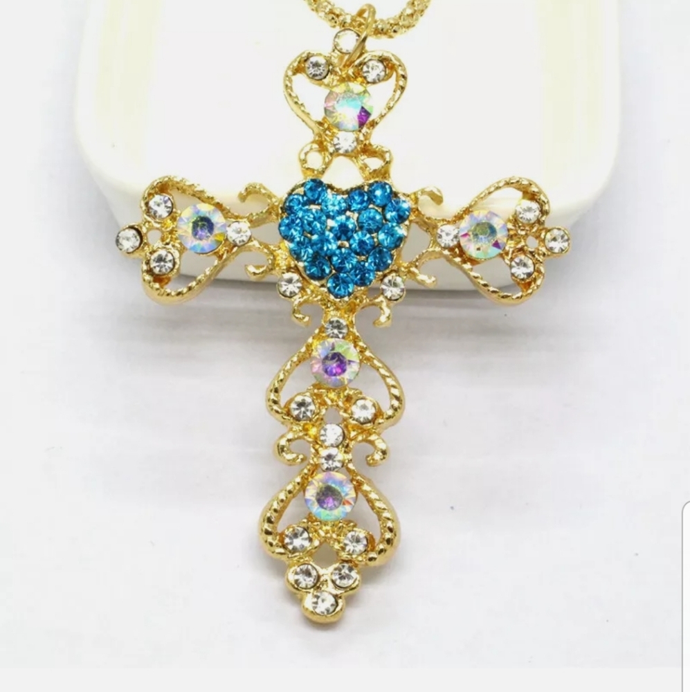 NWOT-BJ-Blue Cross Prayer Crystal Necklace - Picture 5 of 6